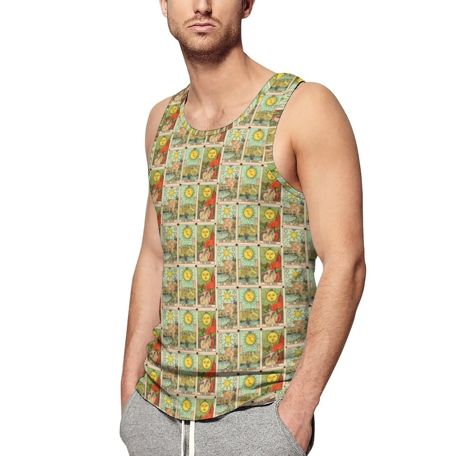 

Vintage Tarot Cards Tank Top Mens Sun Moon Stars Sportswear Tops Summer Workout Custom Sleeveless Vests Big Size