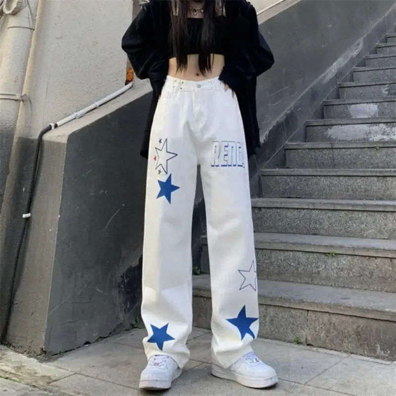 New Fashion Street Hot Girls Pants Flame Star Print Women Jeans High Street Retro Hip Hop Style Baggy Jeans Oversized