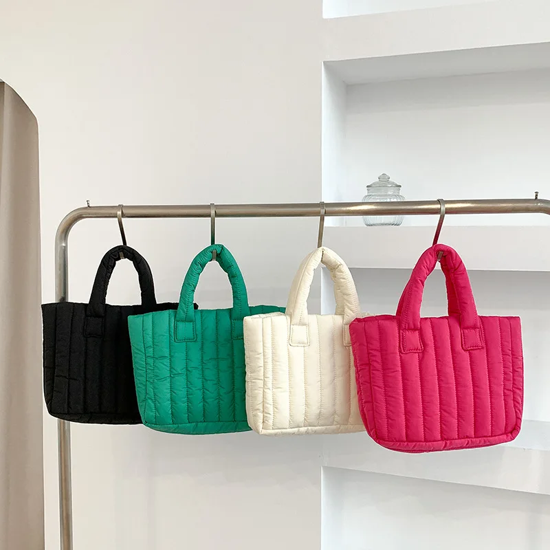 

Зимние однотонные пуховые хлопковые дамские сумочки, мягкая нейлоновая женская сумка-тоут на подушке