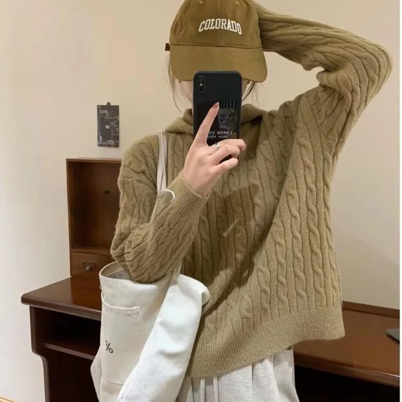 Осень-зима 2023 новый пуловер с капюшоном в стиле ретро женский утепленный вязаный