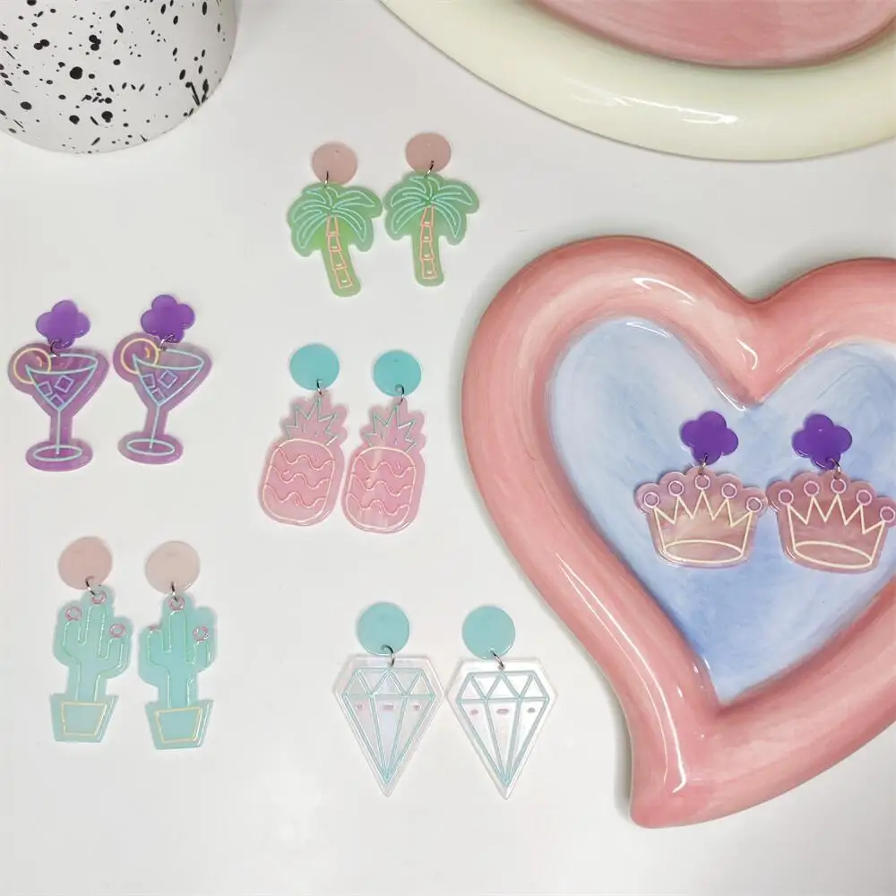

Acrylic Colorful Macaron Crown Coconut Palm Pineapple Goblet Women Earrings Dangle