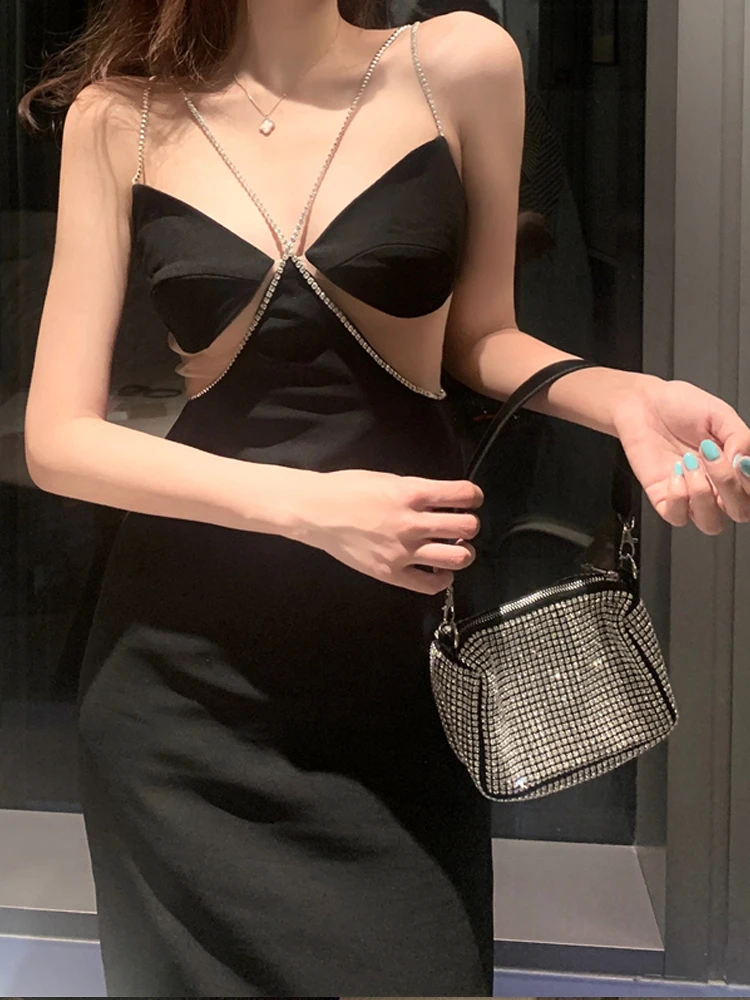 Гонконгский стиль модных дам с сочетанием двойных бриллиантовых ремешков, сексуальное платье с глубоким V-образным вырезом на спине и открытым поясом в талии, летнее длинное платье.