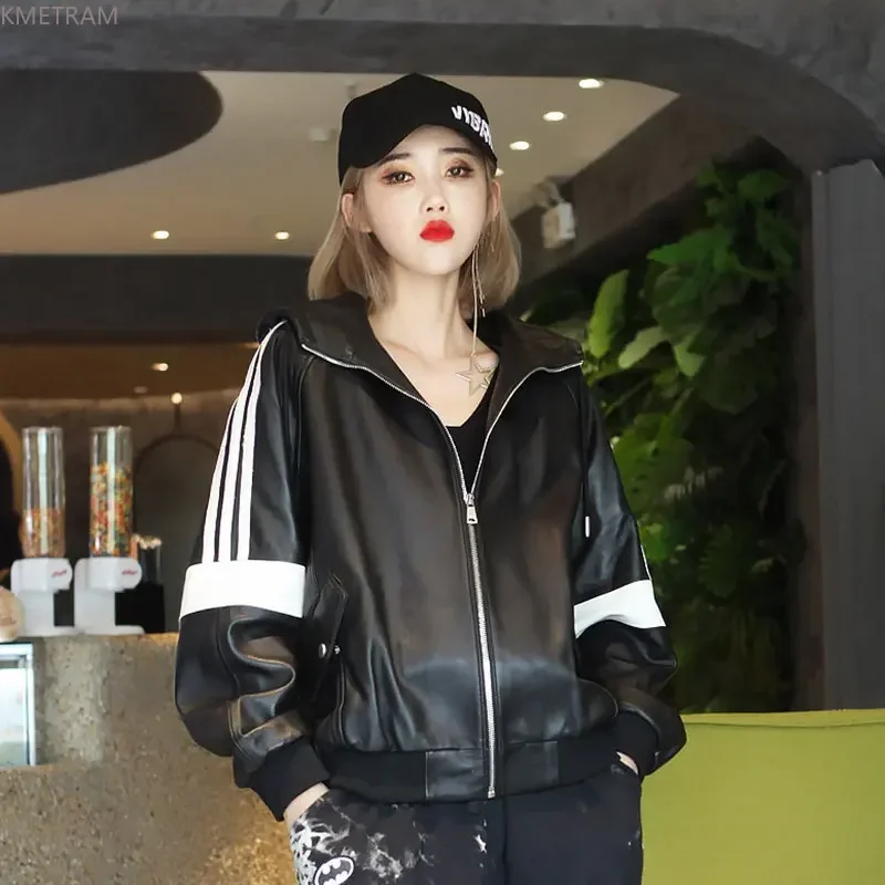 Куртка женская из натуральной овечьей кожи Свободное пальто с капюшоном