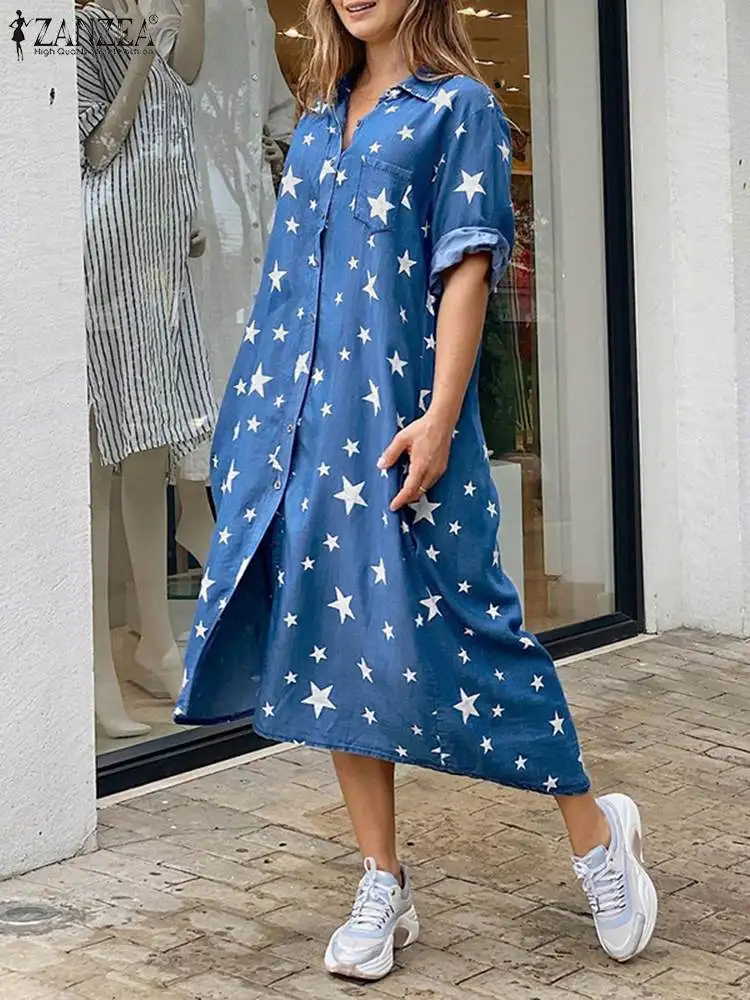 

Women Fashion Shirt Dress 2022 Stylish Printed Midi Vestidos Long Sleeve Party Sundress ZANZEA Casual Lady Holiday Robe Longue