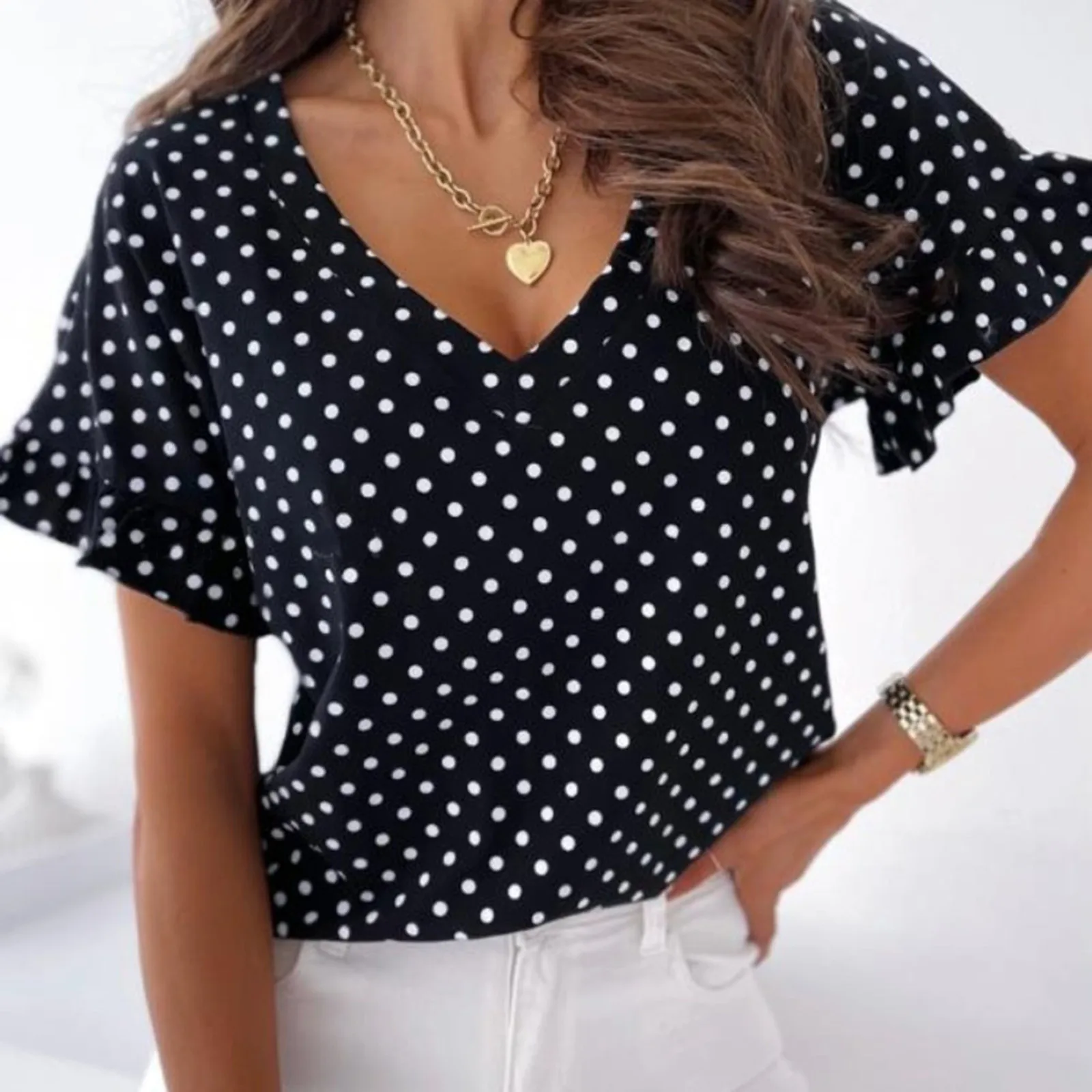 

Polka Dot Print Ruffle Blouse Women's Elegant Plus Size Tops Tee V-neck Butterfly-sleeves Pullover Casual Blouse