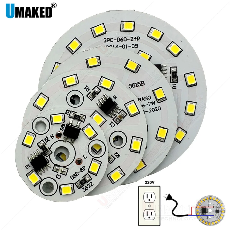 Фото 5 шт. 3/5/7/9/12/15/18 Вт AC220V светодиодные платы PCB без драйвера с интегрированной микросхемой SMD для прожекторов и трековых светильников №1