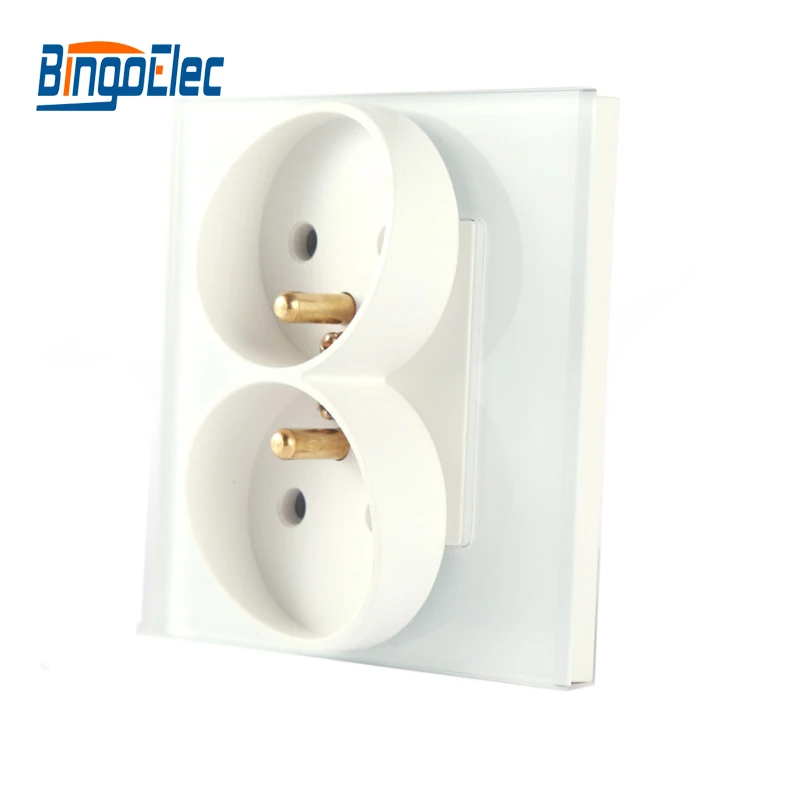 

Bingoelec 220V Europe Standard Double socket 16A French wall Socket White Black Gold Toughened Glass Panel Wall Socket 86*86mm