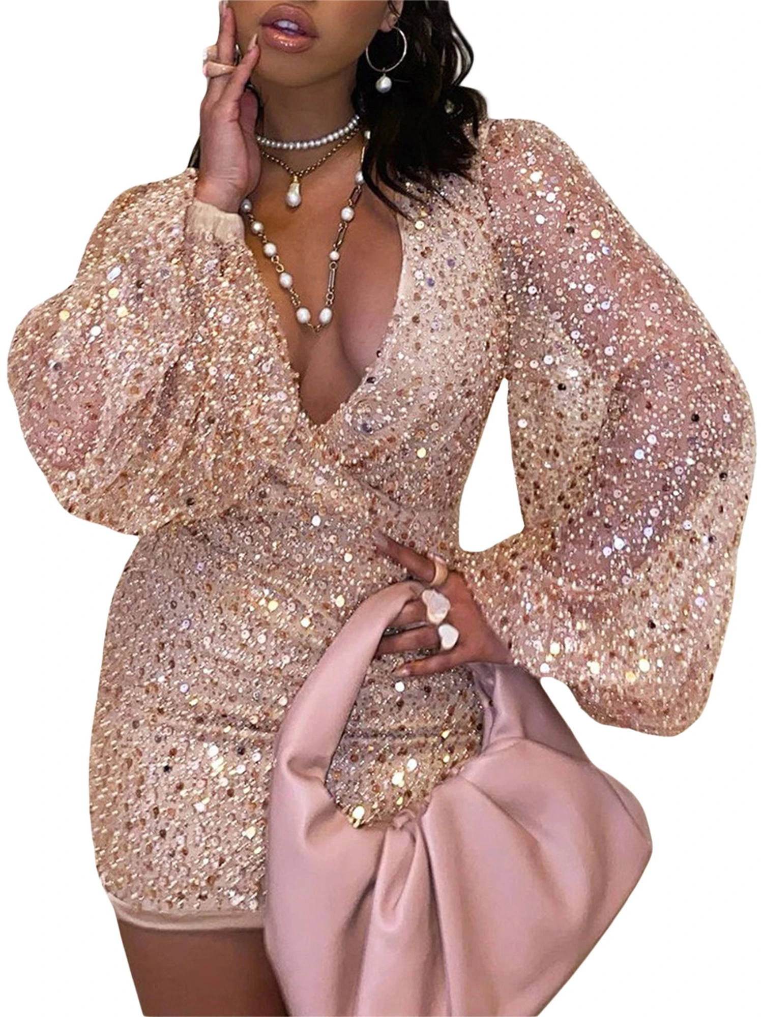 

Women s Sparkly Sequin Mini Dress with Sheer Long Bubble Sleeves Deep V-Neckline Perfect for Cocktail Parties Clubbing and