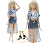 Комплект повседневной одежды для куклы Барби, модный белый жилет с леопардовым принтом, Джинсовая юбка и черные сапоги, аксессуары, Одежда для куклы Барби, 1 комплект