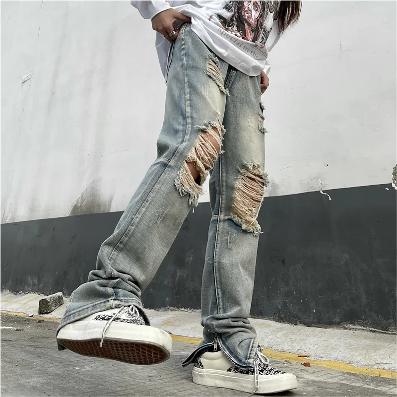 Streetwear Men 2022 New Pattern Vintage Recreational Blue Ripped Jeans Loose Broad Leg Straight Cylinder Trousers Autumn Female