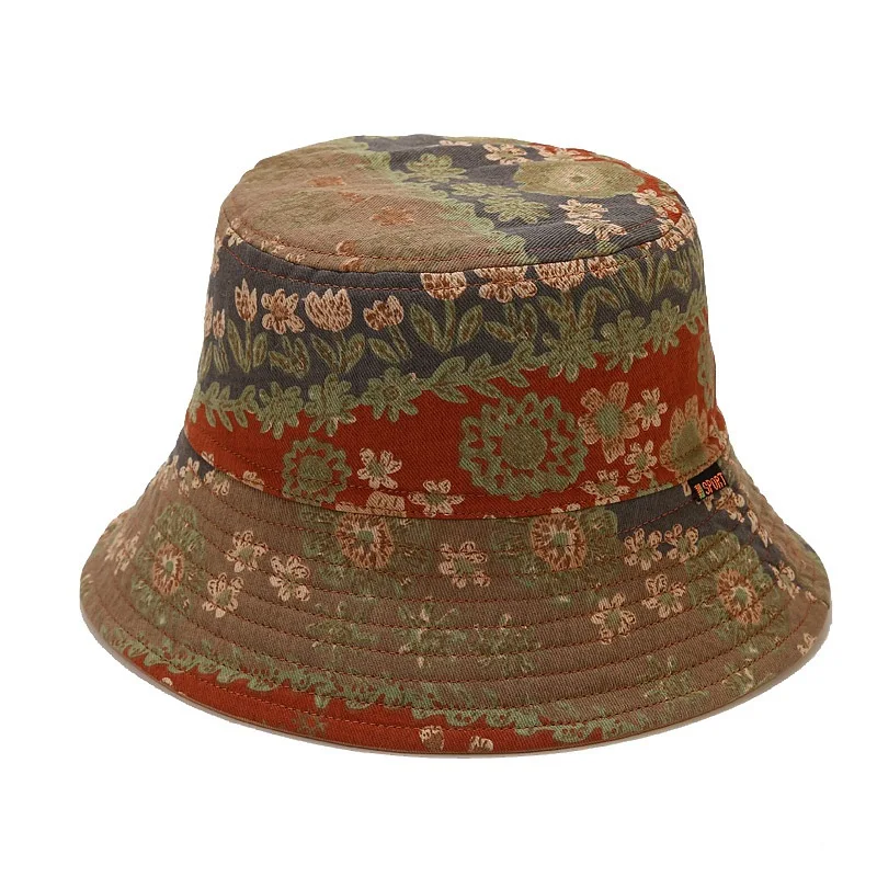 

New Bucket Hat Literary Retro Print Fisherman Cap Four Seasons Can Wear Sunscreen Cotton Sun Hat Men's Hats