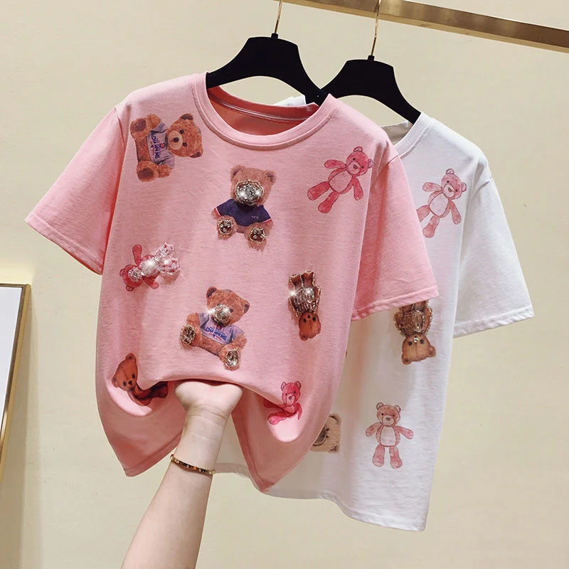 

S-XL Summer Pink Beaded T Shirt Women Tops Loose Casual Plus Size White Tshirt Short Sleeve Plus Size Tee Shirt Femme 2022