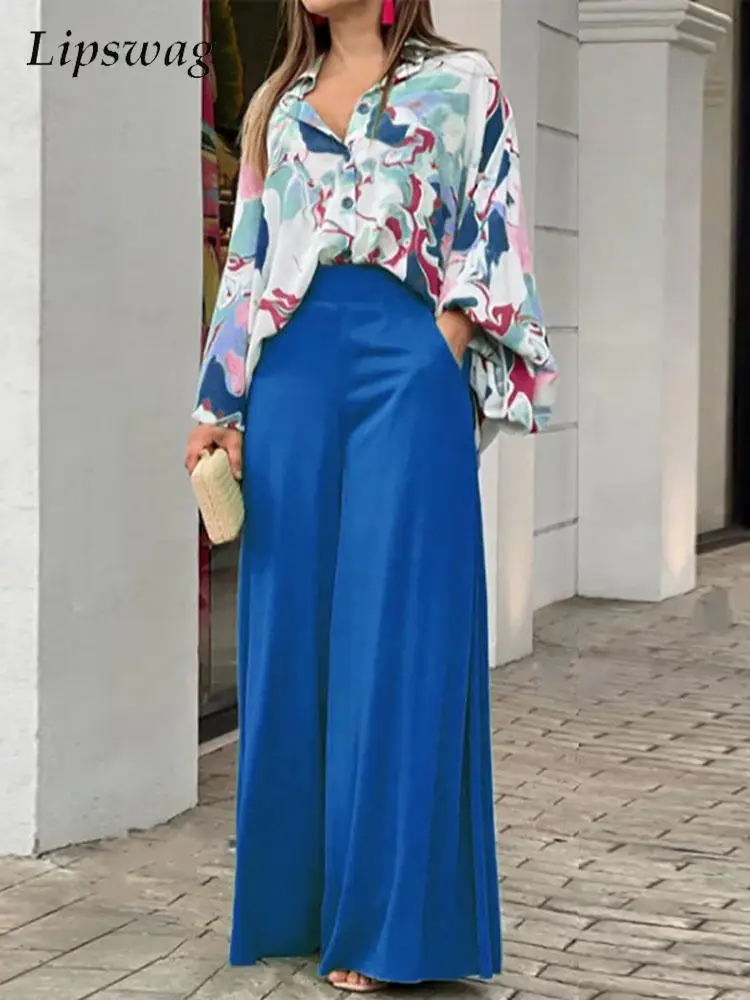 

Ladies Office Print Loose Trousers Suit Elegant Lapel Bat Sleeve Shirt Wide Leg Pants Suit Spring Fashion Women's Two Piece Suit