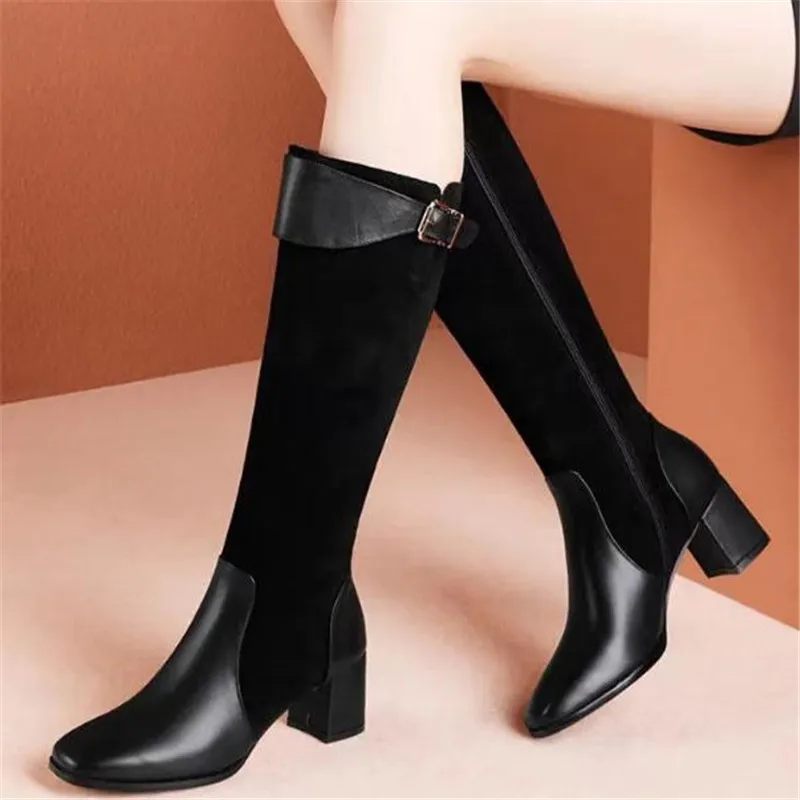 

Round Toe Laces Women Long Boots Patent Real Leather Ladies Black Boots Casual Zapatillas Mujer Shoes for Women Shoes