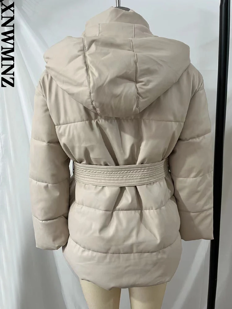 XNWMNZ New Fall winter woman fashion Leather Thermal Padded Hooded Jacket with Belt women vintage parka faux leather cotton coat