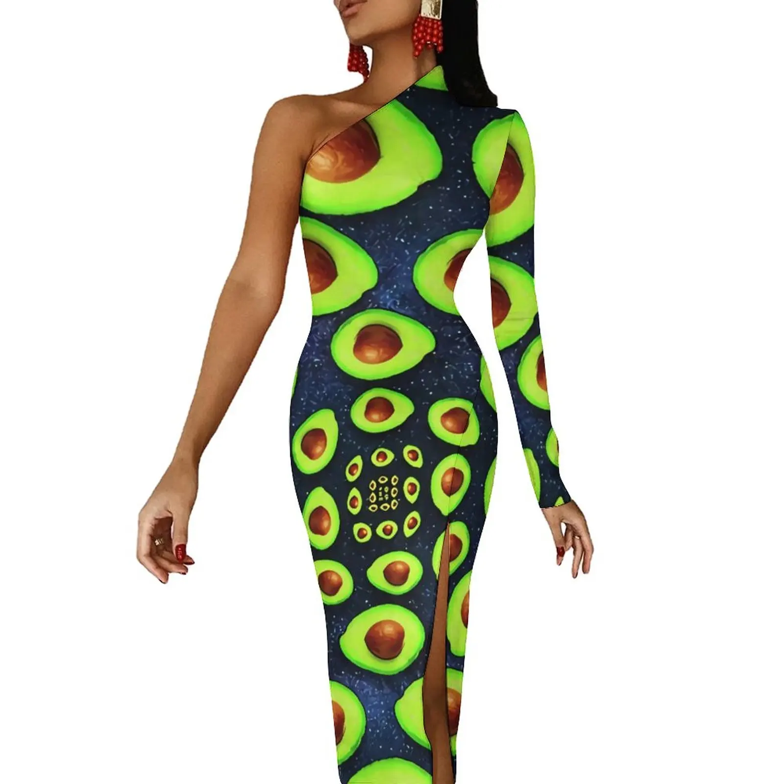 

Avocado Spiral Bodycon Dress Autumn Green Fruit Print Club High Slit Long Dresses One Shoulder Pattern Aesthetic Dress