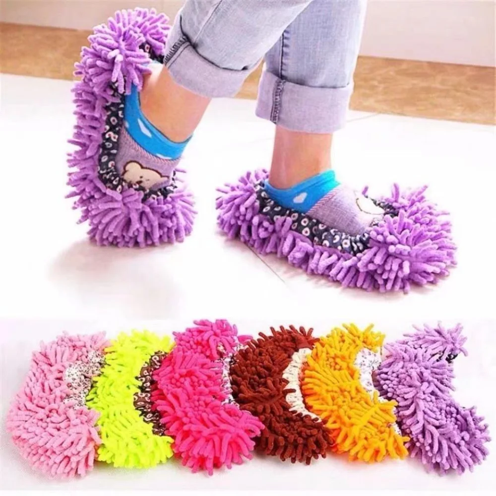 

2Pcs Flower Wedge Microfiber Chenille Floor Dust Slippers Mop Dust Cleaners Home Bathroom Kitchen Floor Dust Cleaning Slippers
