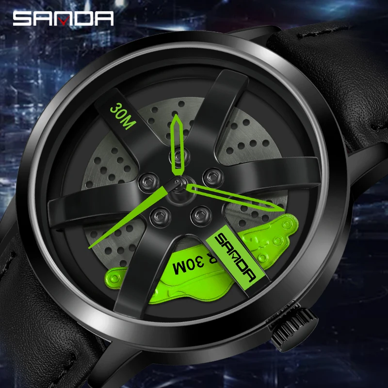 

SANDA P1075 2023 New Design Fashion Men Sports Car Quartz Watches 3ATM Waterproof Leather Strap Men's Rim Hub Wheel Wristwatches
