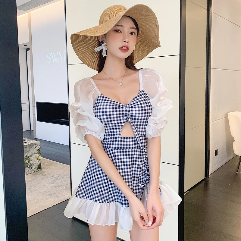 

Female Bikini Swimwear Women 2022 Swimsuit Summer Beachwear New Skirt Suit Feeling Backless Screw Buckle Push Up One Piece Plaid