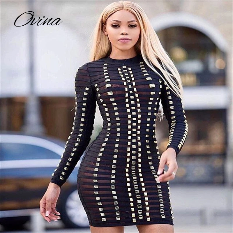 

Spice Girl Women's Bandage Long Sleeve Short Skirts Metal Decoration Fashion Sexy Mesh Design O Neck Tight Mini Dress