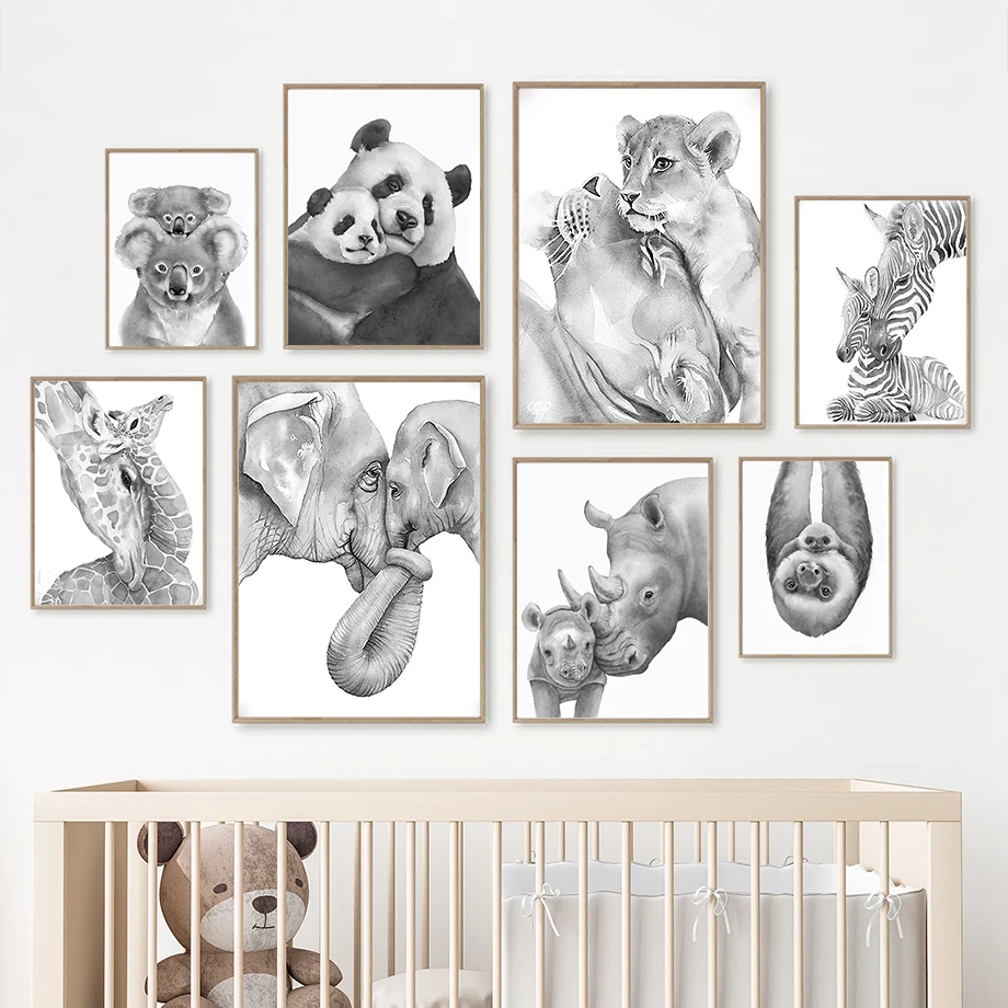 

Parent Child Animal Elephant Lion Sloth Panda Giraffe Wall Art Canvas Painting Nordic Posters And Prints Wall Pictures Kids Room
