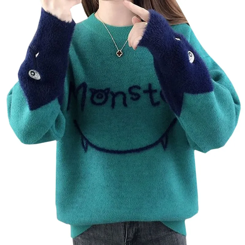 

Kawaii Cartoon Monster Imitation Mink Velvet Autumn Winter Woman Sweater Splicing Sleeve Knitwear Anime Harajuku Lady Pullover