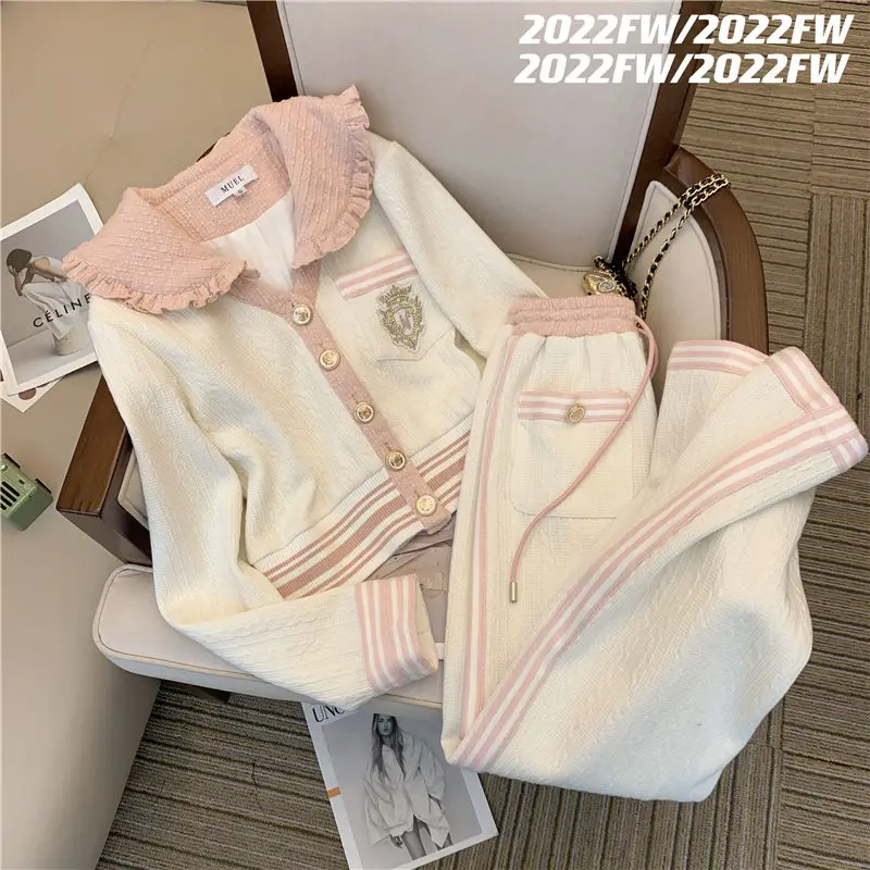 Luxury Casual Pants Suit Doll Collar Long Sleeve Coats+Bandage Pants 2022 Autumn Fashion Western Style Sports Two-piece Suits