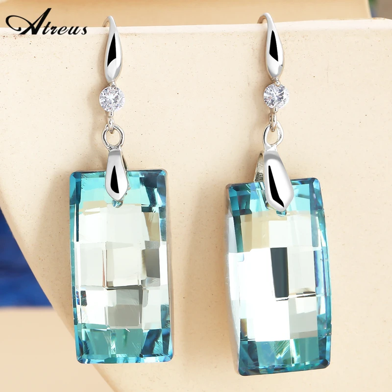 

Luxury Rectangle Seablue Crystal Earrings for Women Party Jewelry Silver Plated French Hook Clasp Multiaspect Drop Earrings