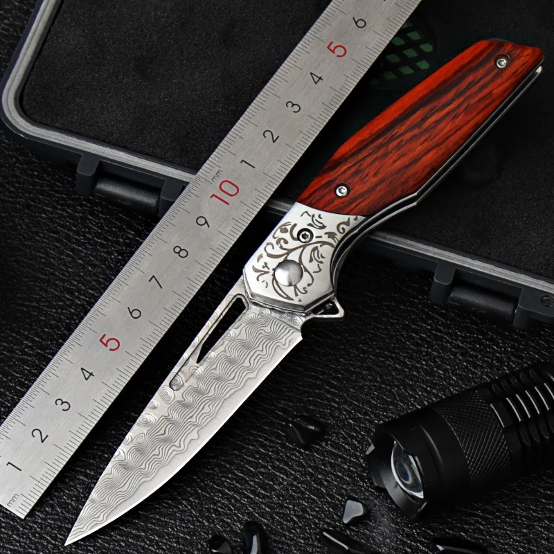 

Outdoor Damascus Steel Folding Knife High Hardness a Folding Knife Sharp Portable Fruit Knife Knife Self-Defense Survival Knife