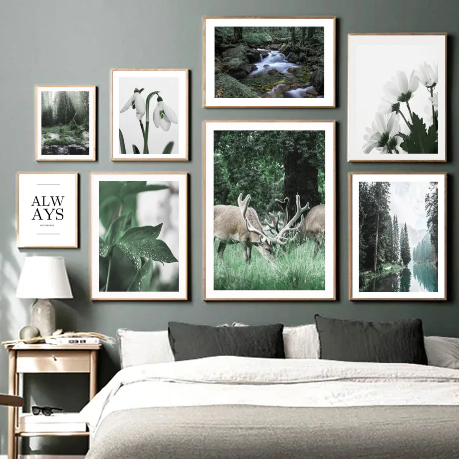 

Настенная картина с изображением леса оленя озера цветов зеленых листьев, настенные картины на холсте, скандинавские плакаты и принты, наст...