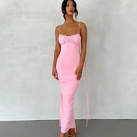 Hot Selling New Solid Color Sexy Backless Pleated Long Style Temperament Slim Fitting Suspender Dress Women Bodycon Vintage Y2k