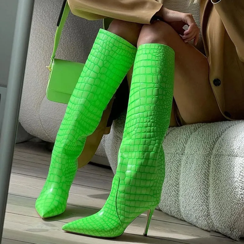 

Banquet Women's Knee High Boots New Pointed Toe Ultra-High Heel Boots Fluorescent Green Stone 34-43 High Tube Boots Fashion