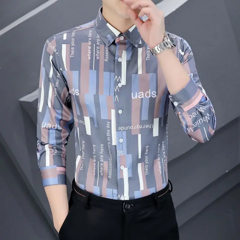 Stylish Lapel Button Spliced Printed Letter Shirts Men's Clothing 2022 Autumn New Oversized Casual Tops All-match Korean Shirt