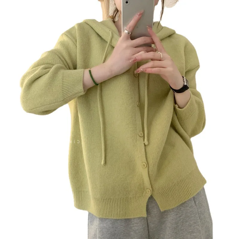 

Lazy Minimalist Korean Version Hooded Knitted Women Cardigan Sweater Single Breasted Long Sleeved Female Jacket Coat