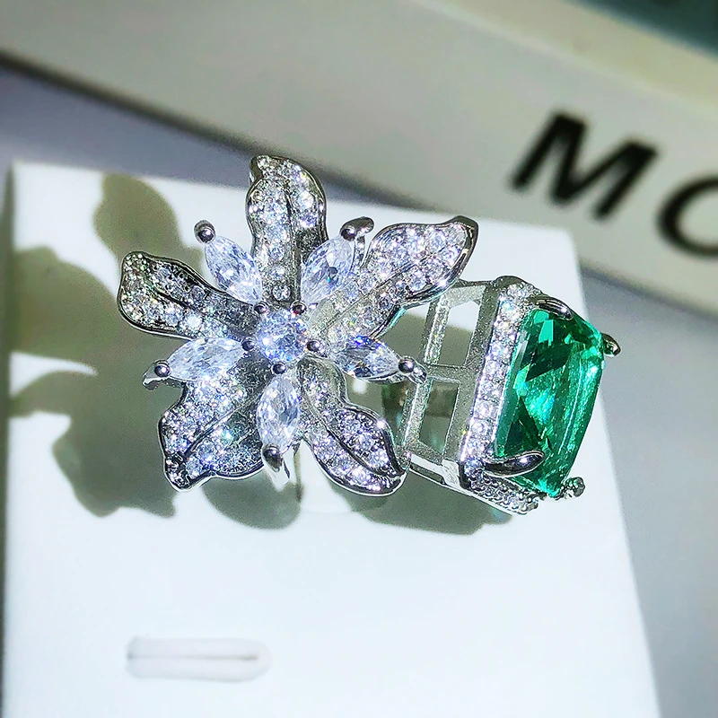 

Big Flower Silver Color Ring with Big Green Stone Adjustable Ring for Women Fashion Jewelry Wedding Engagement