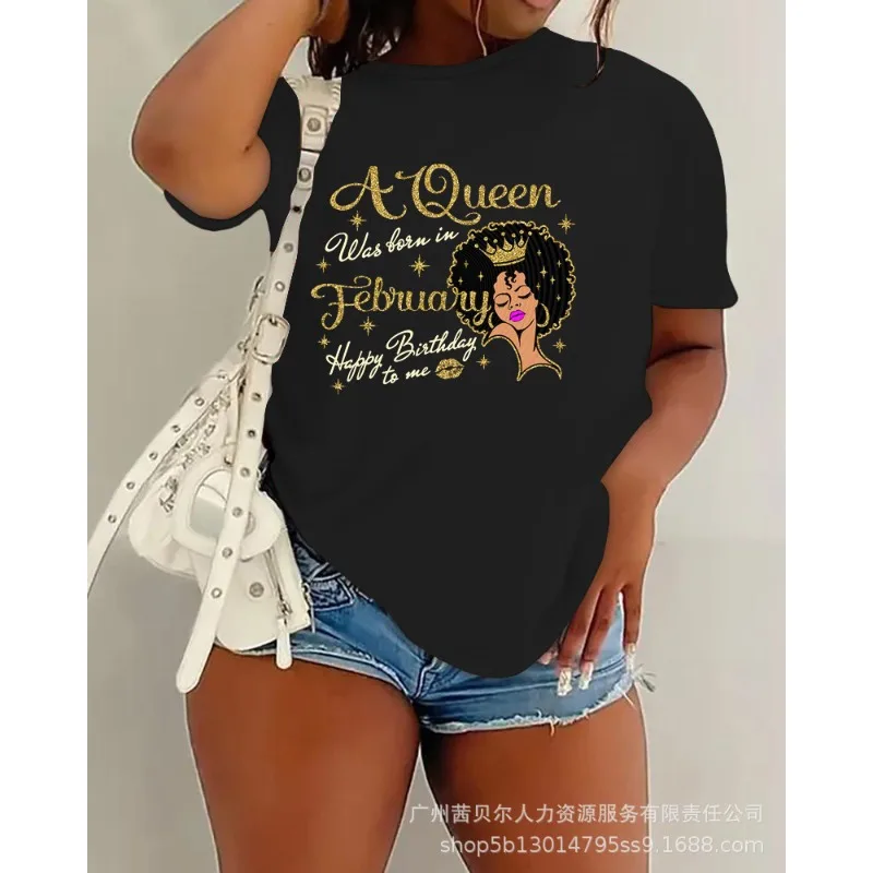 

Women Summer Spring Short Sleeve Tee Top T Shirts Figure Happy Birthday Queen Letter Print Casual T-shirt