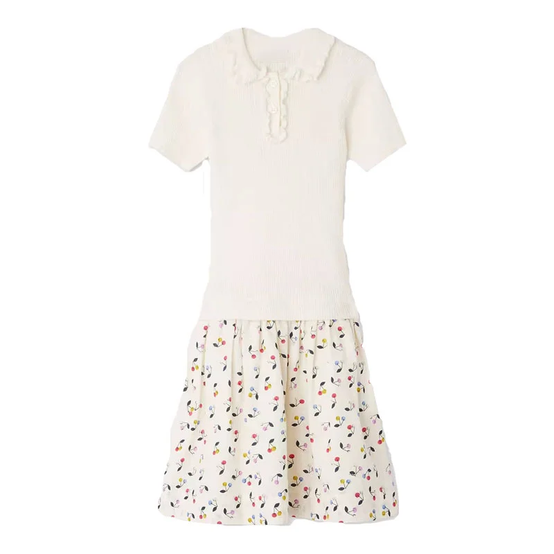 

EnkeliBB Child Girls Summer Cherry Print Knit Dresses Kids Girls Brand Designer Clothing Short Sleeve 100% Cotton Made Dress