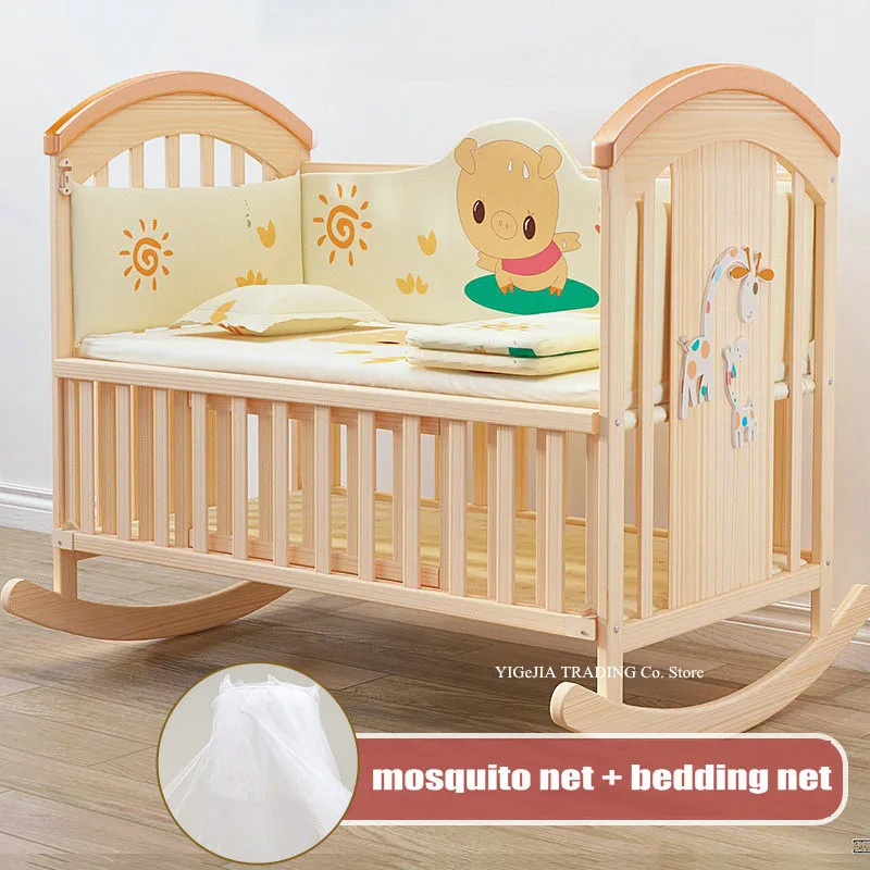 Natural Pine Wood Rocking Cradle Have Mosquito Net, Multifunctional Baby Crib, 104*60*95cm, Can Joint Adult Bed