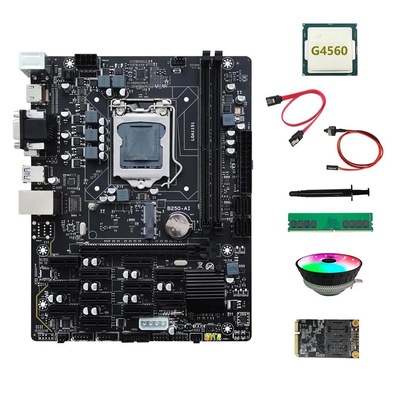

B250 V2.1 ETH Miner Motherboard 12PCIE+G4560 CPU+DDR4 4GB RAM+128G MSATA SSD+Fan+SATA Cable+Switch Cable+Thermal Grease
