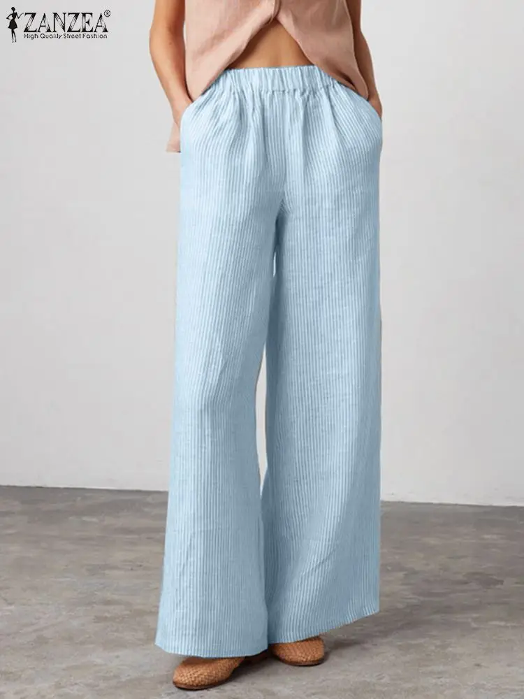 

ZANZEA Fashion Work Pants Striped Women Casual Loose Wide Leg Trousers Korean Streetwear Straight Pants High Waist Loose Palazzo