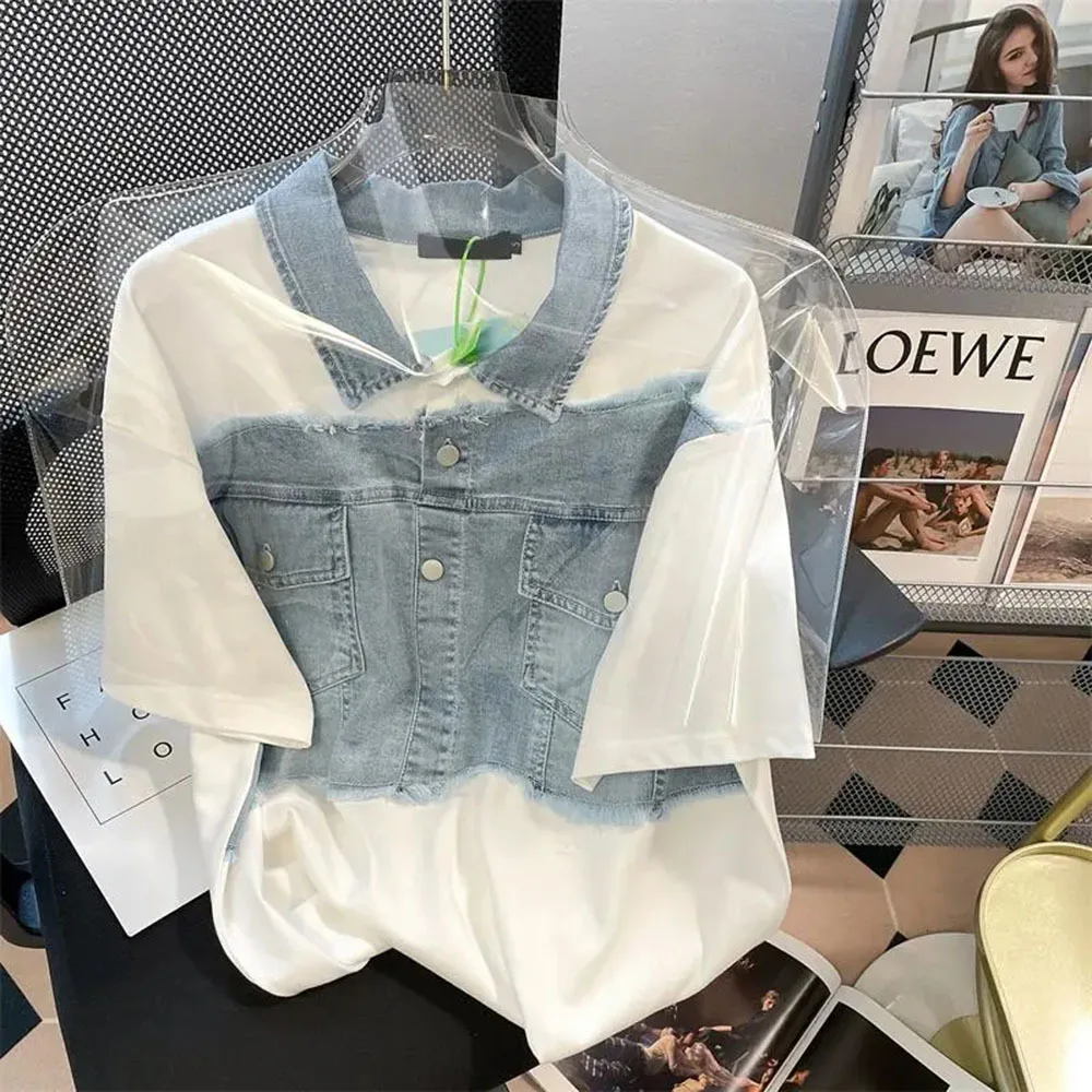 

2022 Summer Fake Two-piece Denim stitching O Neck Short Sleeve Top Female Loose Woman T shirts Plus size L-4XL 45-150KG