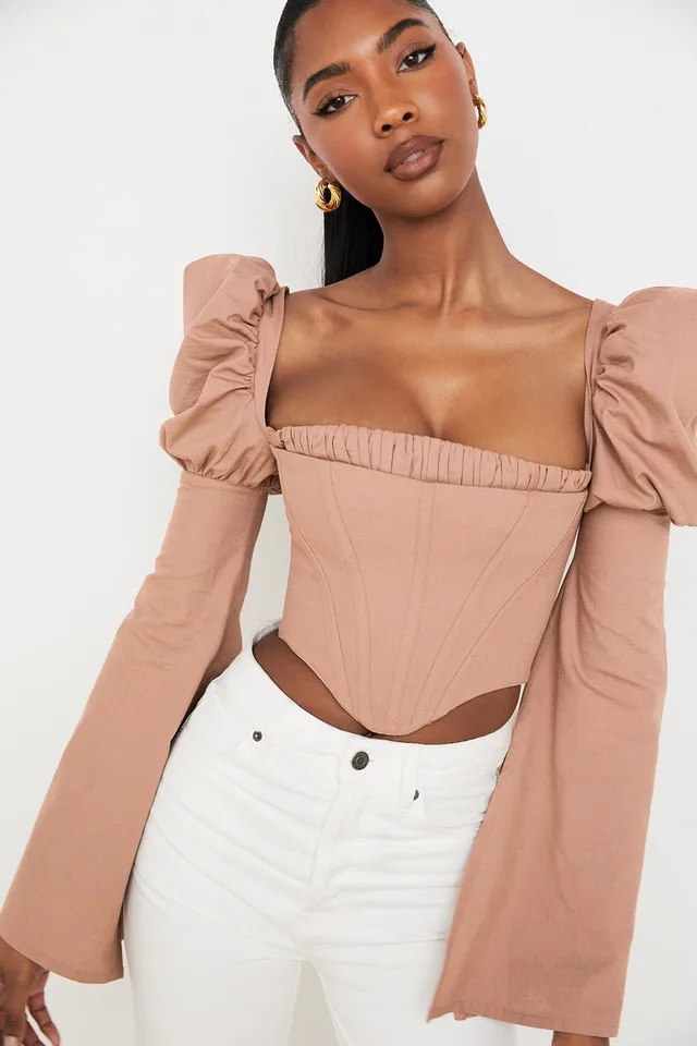 

FEZCO Spring Solid Pink Sexy Square Collar Backless Fashion Puff Sleeve Long Sleeve Women Crop Tops Street Wear Female Shirts