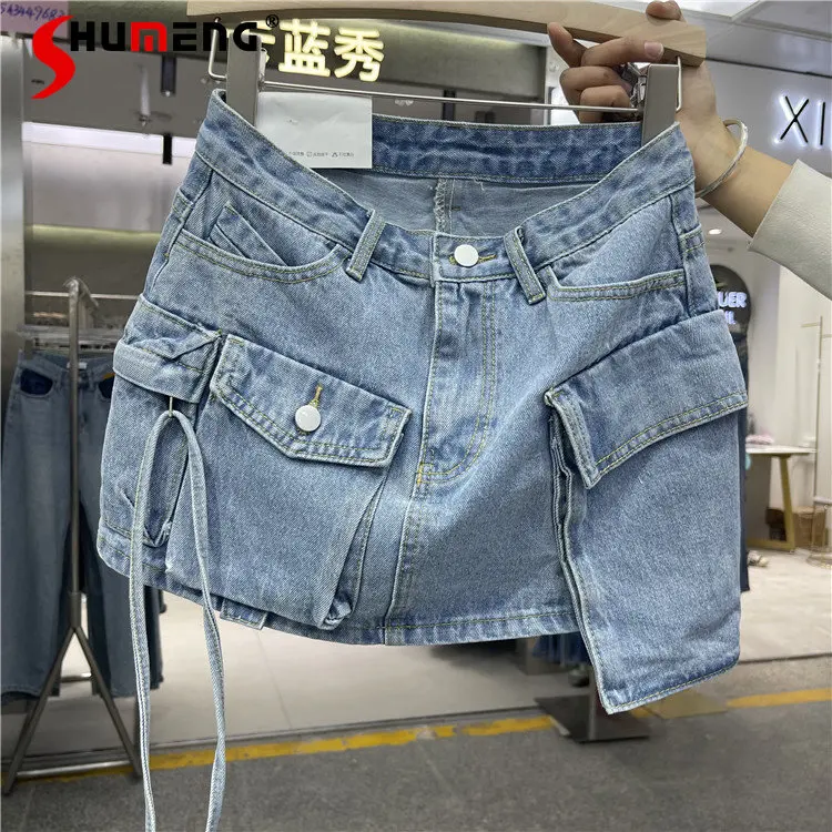 

Personalized Workwear with Pocket Denim Skirt Woman Streetwear 2023 Spring and Summer New Casual Washed Anti-Exposure Jean Skirt