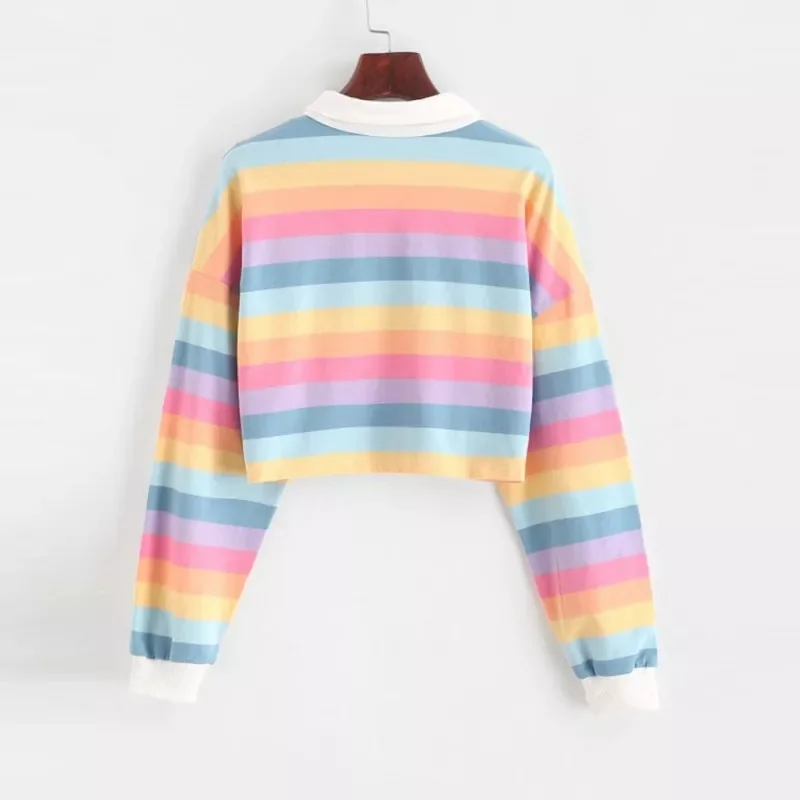 

2022 NewShirt Women Sweatshirt Long Sleeve Rainbow Color Ladies Hoodies With Button Striped Korean Style Sweatshirt Women