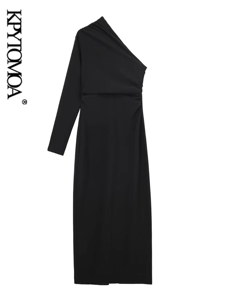 

KPYTOMOA Women Fashion With Ruched Asymmetric Stretch Midi Dress Vintage Open Shoulder Long Sleeve Female Dresses Vestidos Mujer