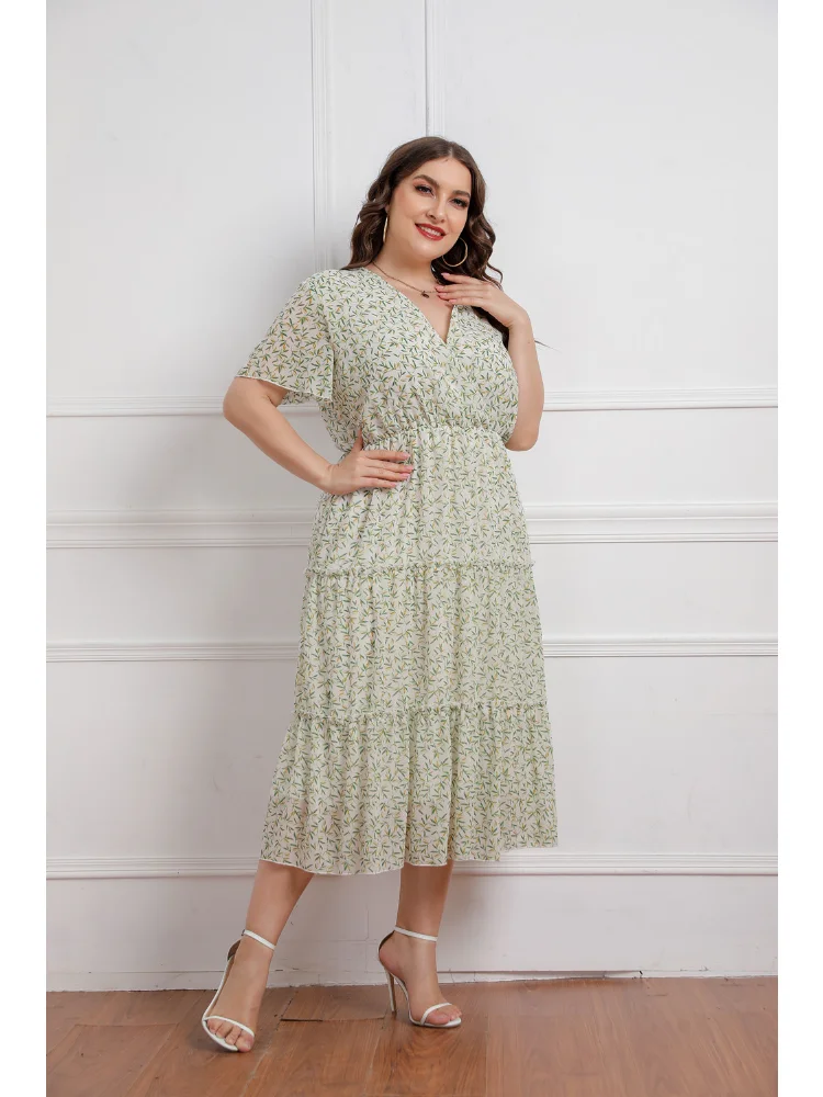 Large Women's Summer New Fat Sister V-neck Fragmented Flower Short Sleeve Chiffon Dress plus size dresses