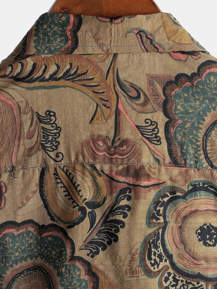 Spring vintage linen Shirts Men's Retro Floral Print Long Sleeve Top Hip Hop Vintage Loose Shirts For Male Old clothes 2022
