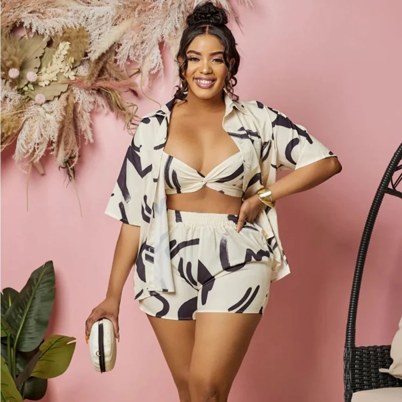 

Женский винтажный комплект из 3 предметов, блузка с длинным рукавом и шорты, модный спортивный костюм, 2023