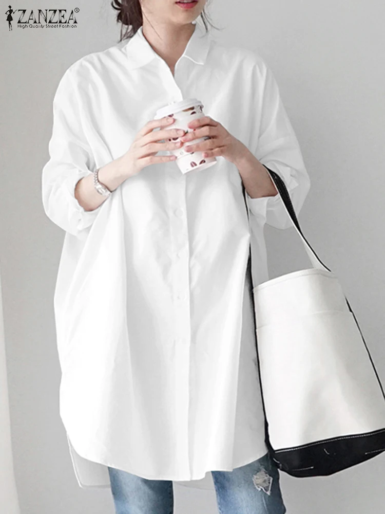 

ZANZEA Casual Summer Women Fashion Blouse Femme Loose Work OL Tops Tunic Oversized Solid Blusas Lapel Neck Long Sleeve Shirt