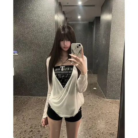 Seeslim Hotsweet Топы из двух предметов Осенние футболки с длинными рукавами и графикой Женская одежда Одежда 2000-х годов Y2k Футболки Женская одежда Шикарная